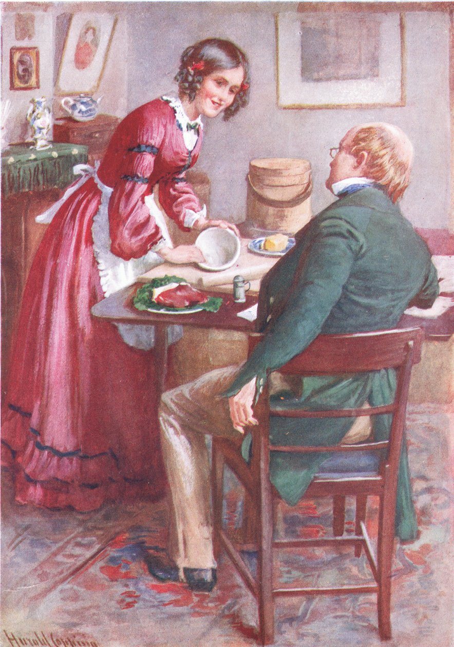 Ruth Pinch egy pudingot készít, amely a B.W. által összeállított „Dickens karaktervázlatai” című könyvhöz illusztrálja. Matz alkotó: Harold Copping