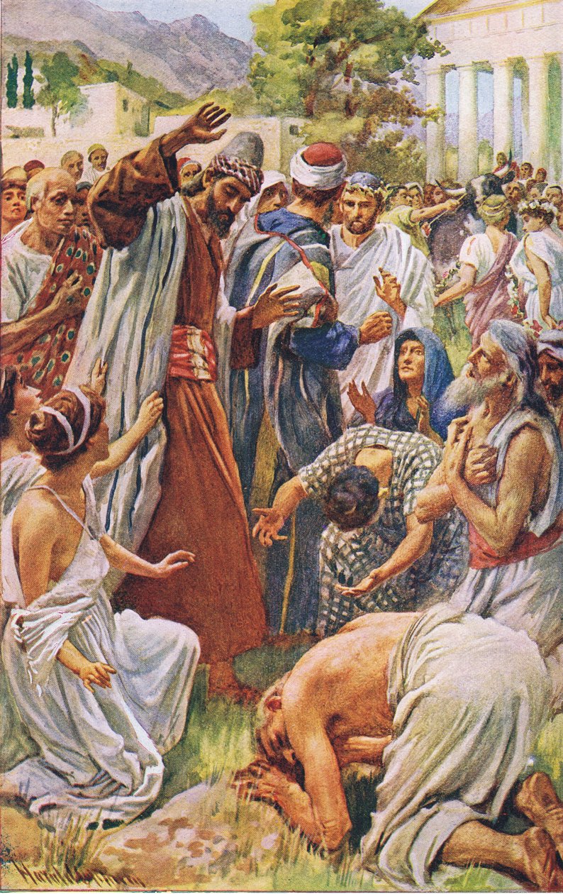 Szent Pál Lystrában, illusztráció a Harold Copping Pictures: The Crown Series, 1920-as évek körül alkotó: Harold Copping