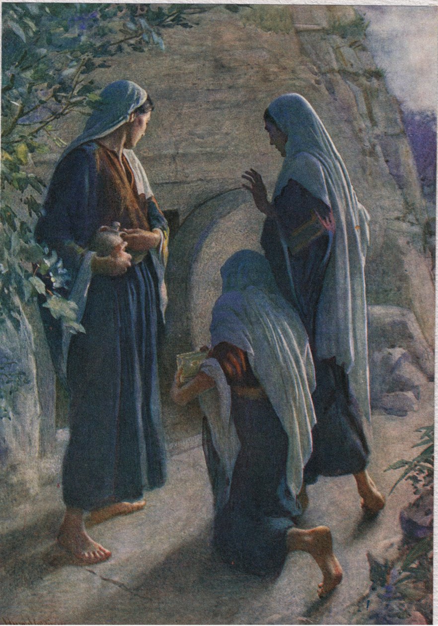 A nők a sírnál, illusztráció a The Religious Tract Society által kiadott „Women of the Bible”-ből alkotó: Harold Copping