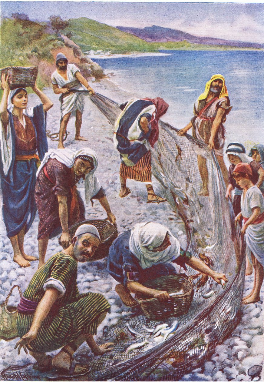 Rajzolt háló, illusztráció a Harold Copping Pictures: The Crown Series, 1920-as évek körül alkotó: Harold Copping