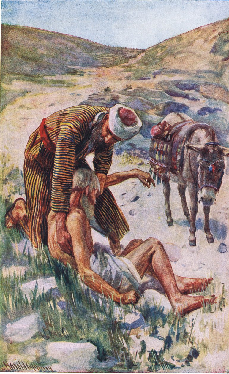 Az irgalmas szamaritánus, illusztráció a Harold Copping Picturesből: The Crown Series, 1920-as évek alkotó: Harold Copping