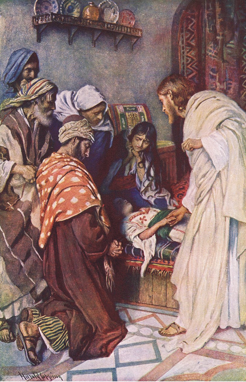 Jairus lányának felnevelése, illusztráció: Harold Copping Pictures: The Crown Series, 1920-as évek alkotó: Harold Copping