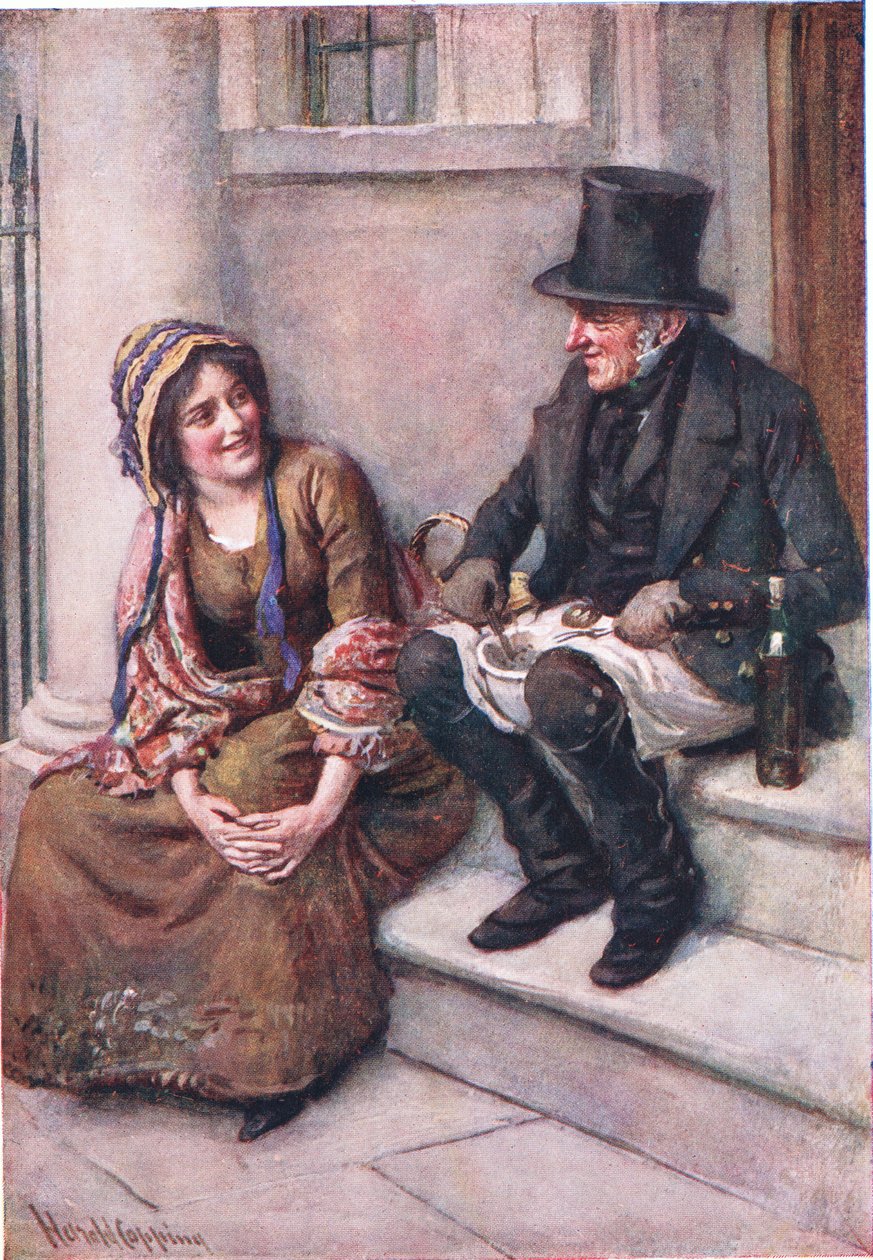 Trotty Veck és lánya Meg, illusztráció a Dickens karaktervázlataihoz, B.W. Matz alkotó: Harold Copping