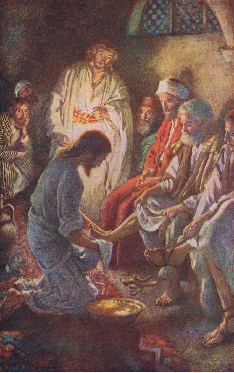 A tanítványok lábmosása, illusztráció a Harold Copping Pictures: The Crown Series című filmből, 1920-as évek alkotó: Harold Copping