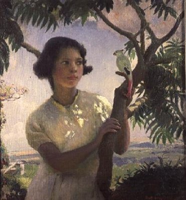 Lány egy játék papagájjal alkotó: Harold Harvey
