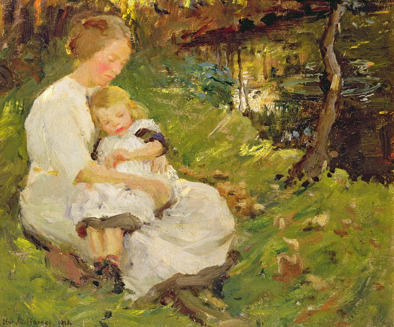Anya és gyermeke egy erdős tájon alkotó: Harold Harvey