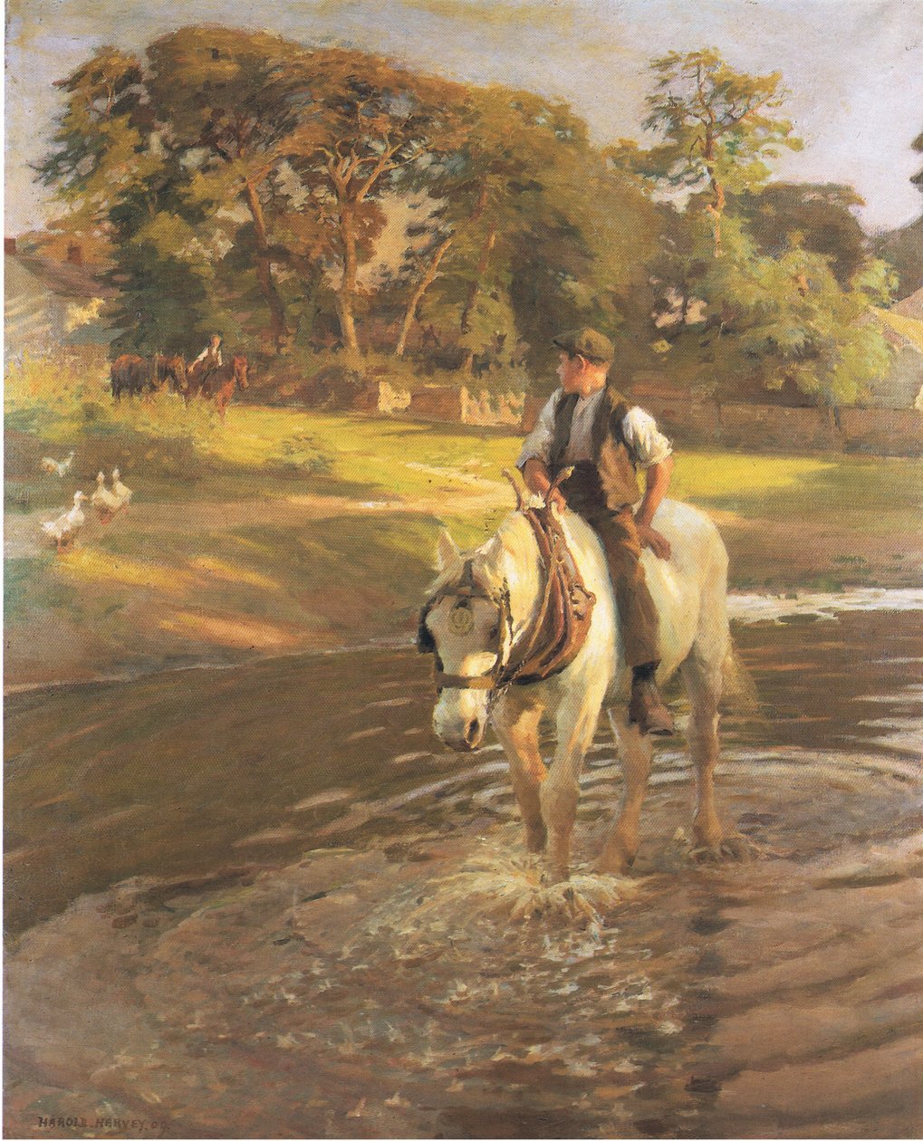 A ló itatása (színes litho) alkotó: Harold Harvey