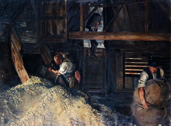Munkások: Komlót zsákoló munkások alkotó: Harold Oakley