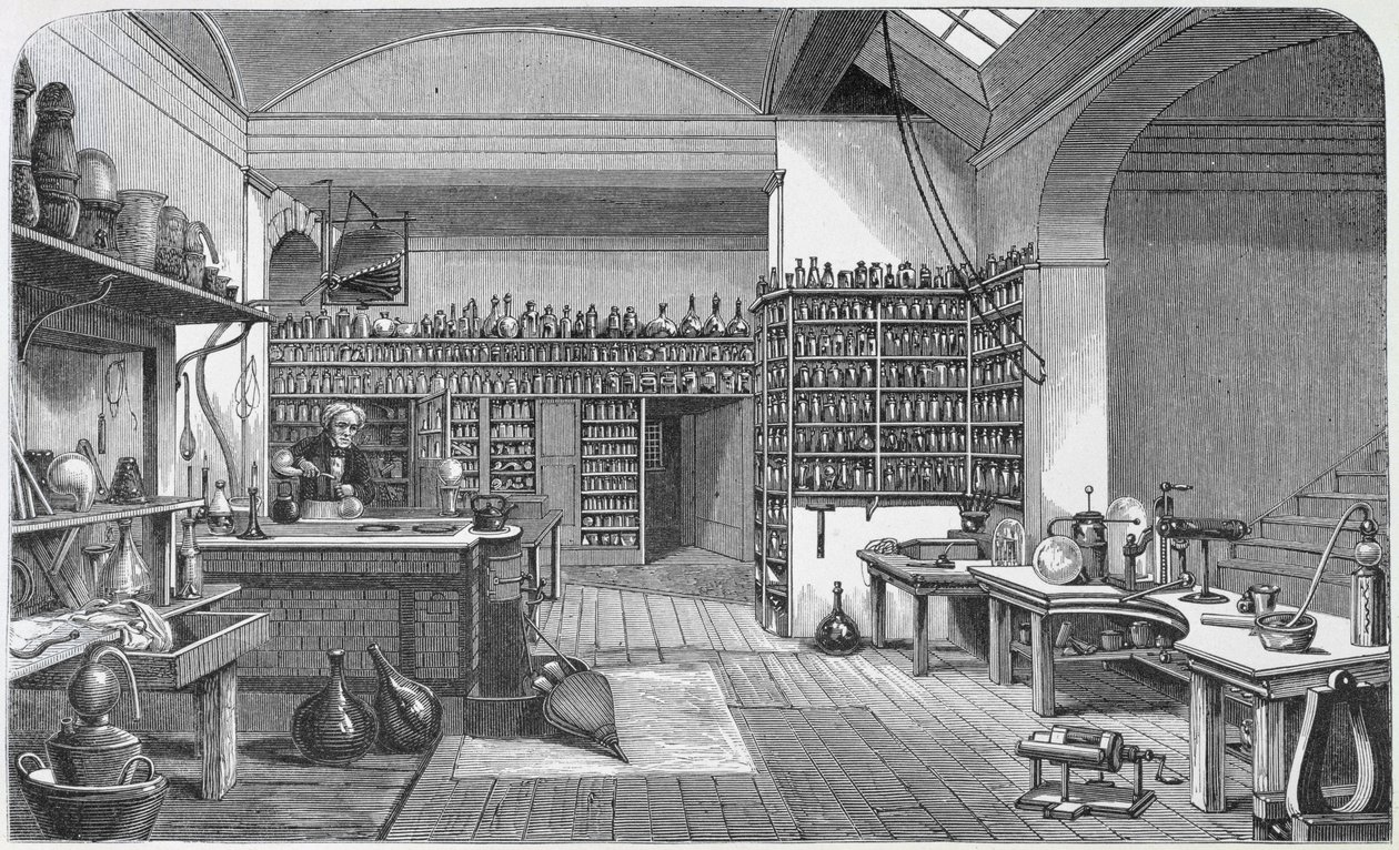 Michael Faraday (1791-1867) alagsori laboratóriumában Henry Bence Jones „Faraday élete és levelei” című művéből, 1870, 1869 alkotó: Harriet Jane Moore