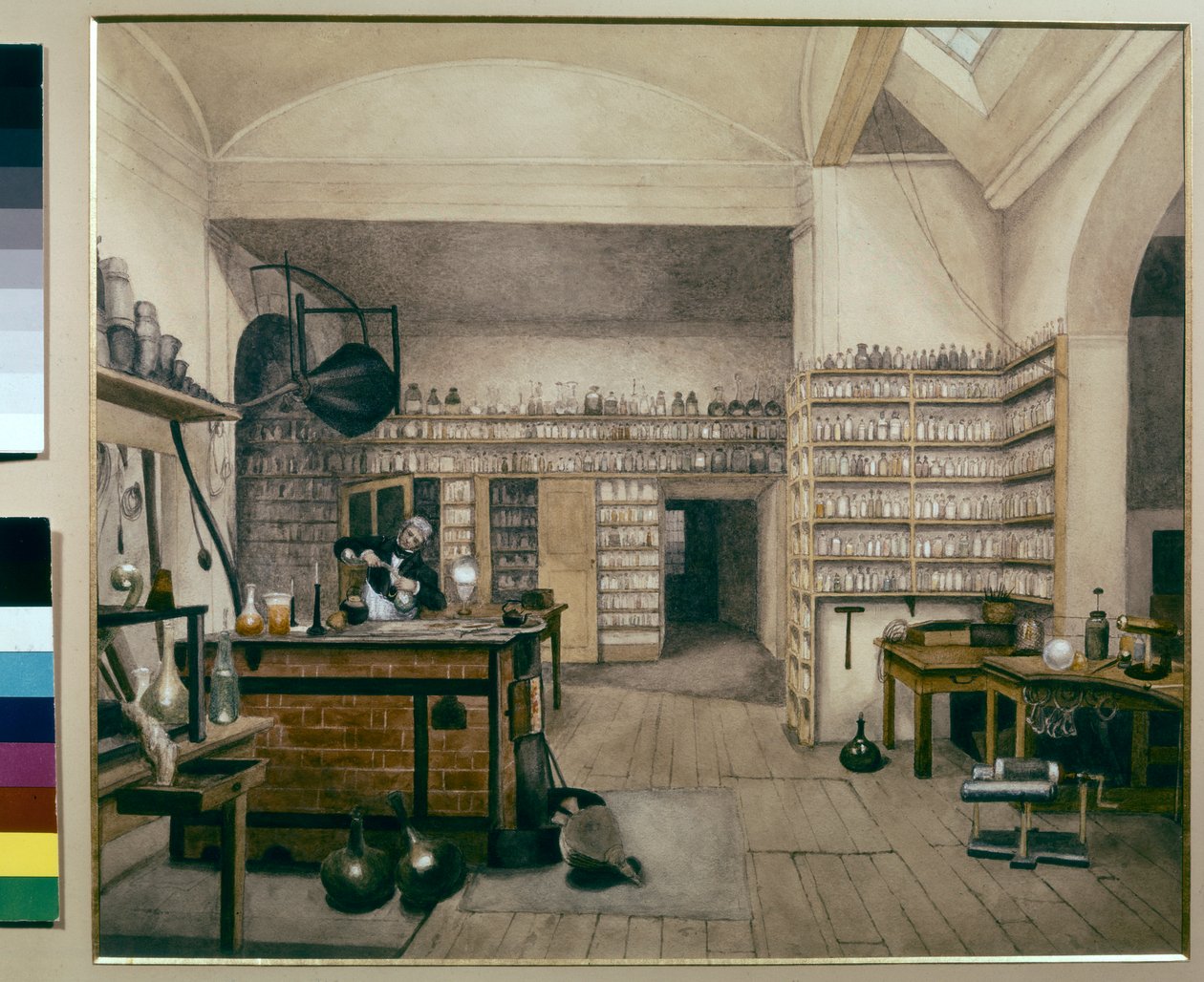 Michael Faraday munka közben a Királyi Intézetben lévő laboratóriumában alkotó: Harriet Jane Moore
