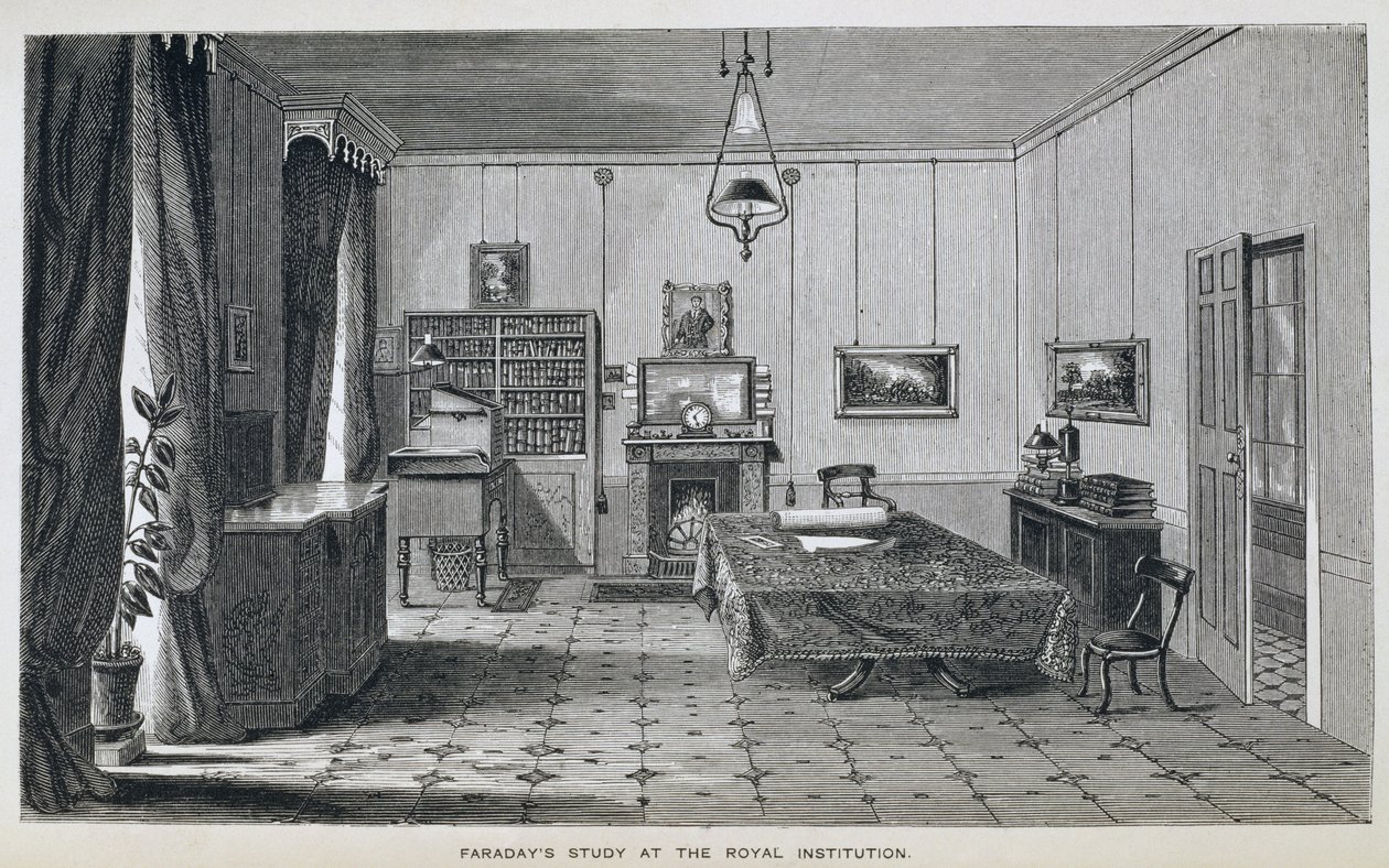 Michael Faraday tanulmánya a The Royal Institution második emeletén, Henry Bence Jones „Faraday élete és levelei” című művéből, 1870-ben, 1869-ben (lásd: 137594) alkotó: Harriet Jane Moore