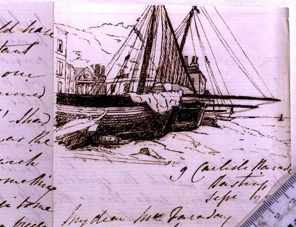 RI MS F1 I160 Halászhajók matricája Hastingsben, vázlat Michael Faraday-nek (1791-1867) írt levélben, 1853. szeptember 23. (toll és tinta papíron) alkotó: Harriet Jane Moore