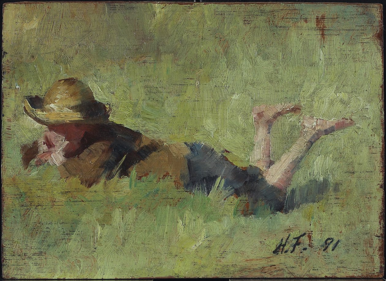 Fűben fekvő fiú, 1890 (olaj, falemez) alkotó: Harriet Mary Ford