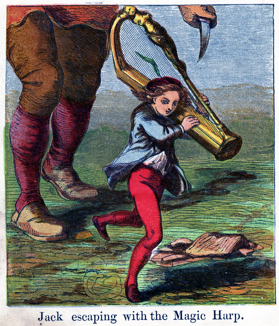 Jack megszökik a varázshárfával, 1867 (chromolitho) alkotó: Harrison William Weir