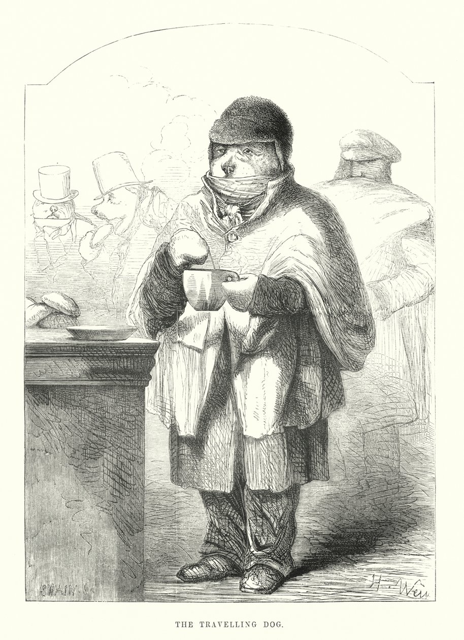 Vicces kutyák: Az utazó kutya (metszet) alkotó: Harrison William Weir
