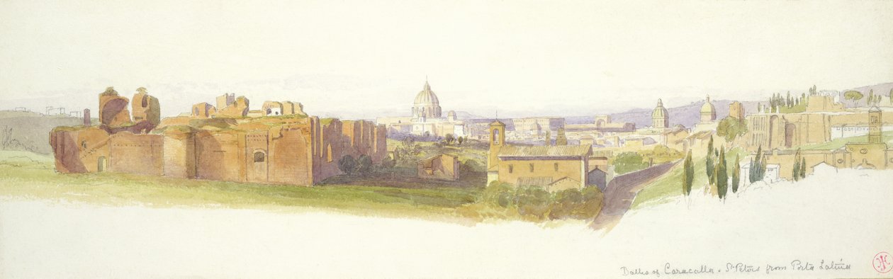 Caracalla és Szent Péter fürdő a Porta Latinából, Rómából (ceruza és WC papíron) alkotó: Harry John Johnson