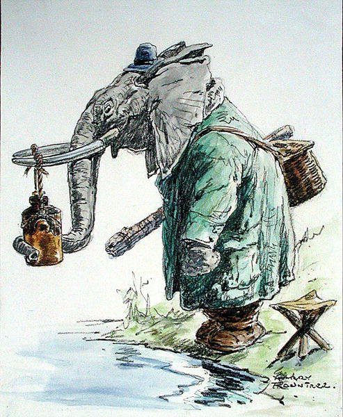 Az elefánt horgászni megy (toll, tinta, akvarell és szén papíron) alkotó: Harry Rountree