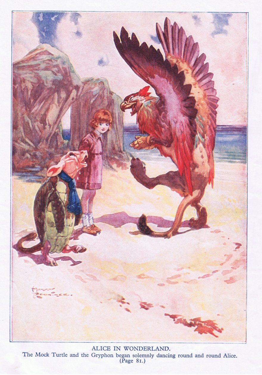 A színlelt teknős és Gryphon ünnepélyesen szembefordult Alice-szel (színes litó) alkotó: Harry Rountree
