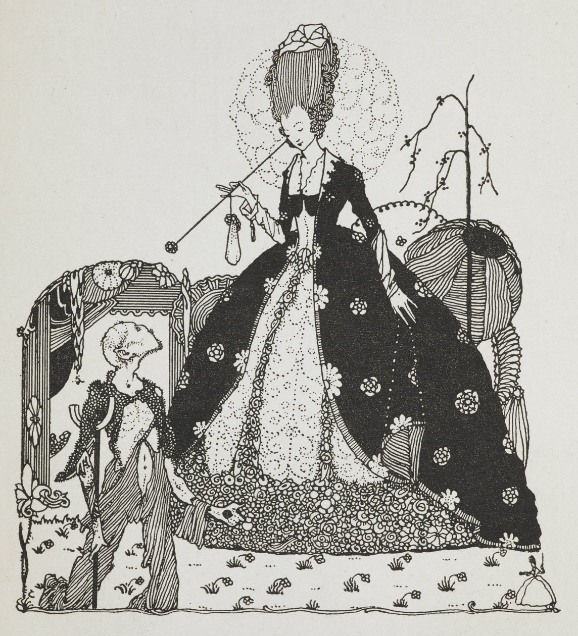 Egy hölgy lenéz egy parasztra, és pénzt könyörög. alkotó: Harry Clarke