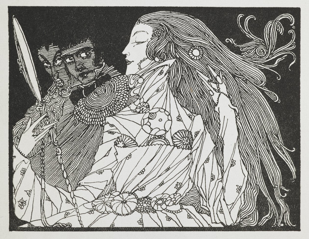 Illusztráció a Hamupipőke című történethez. Egy nő nézi a tükörképét egy kézi tükörben alkotó: Harry Clarke