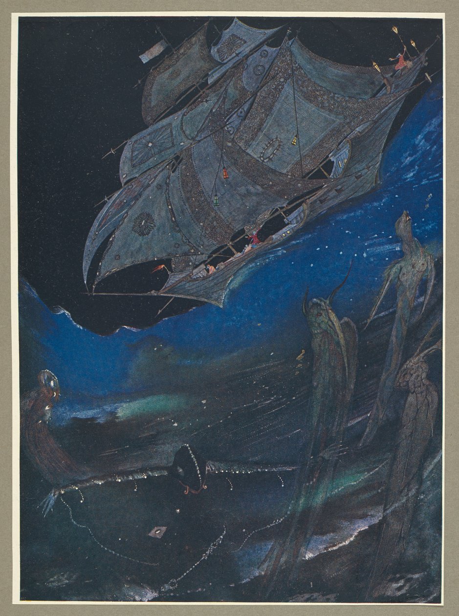Illusztráció, amely egy hajót ábrázol a tengeren, és alatta halat. alkotó: Harry Clarke