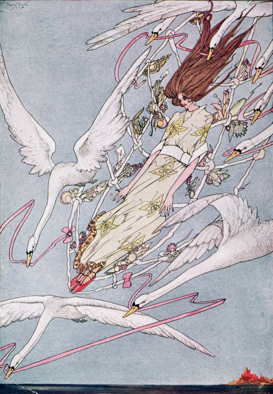 "És az egész nap továbbrepültek", illusztráció a Vad hattyúkból, Hans Christian Andersen alkotó: Harry Clarke
