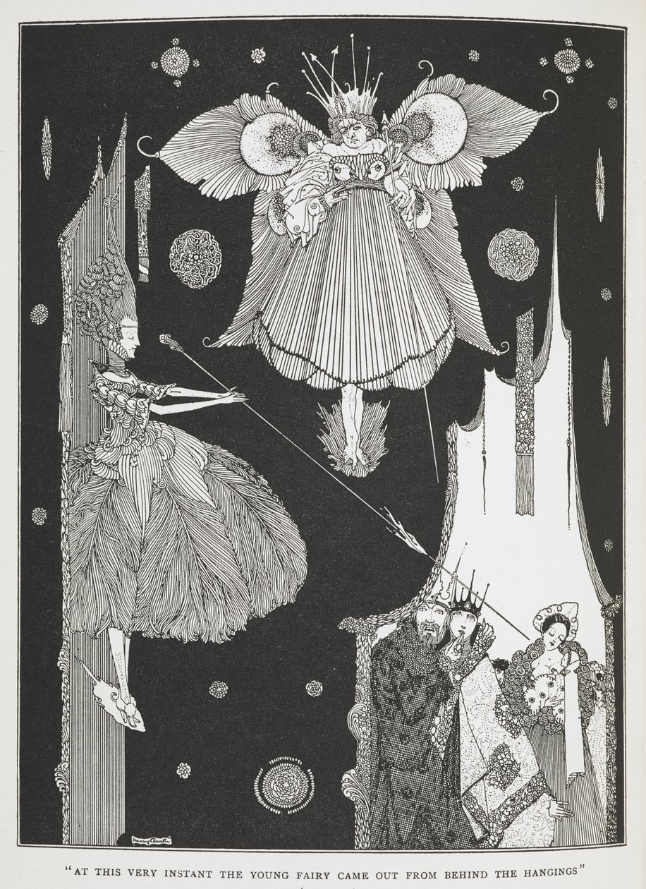 "Ebben a pillanatban előbújt a fiatal tündér az akasztók mögül." Illusztráció a „Csipkerózsika az erdőben” című történethez. alkotó: Harry Clarke