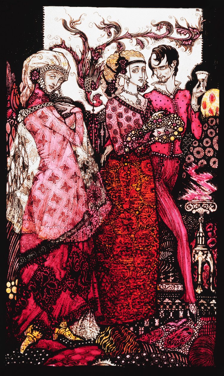 Nagyláb Bert, Villon énekli". "Királynők", kilenc üvegtábla savazva, foltos és festett, J. M. Synge költeményét illusztrálva, 1917 alkotó: Harry Clarke