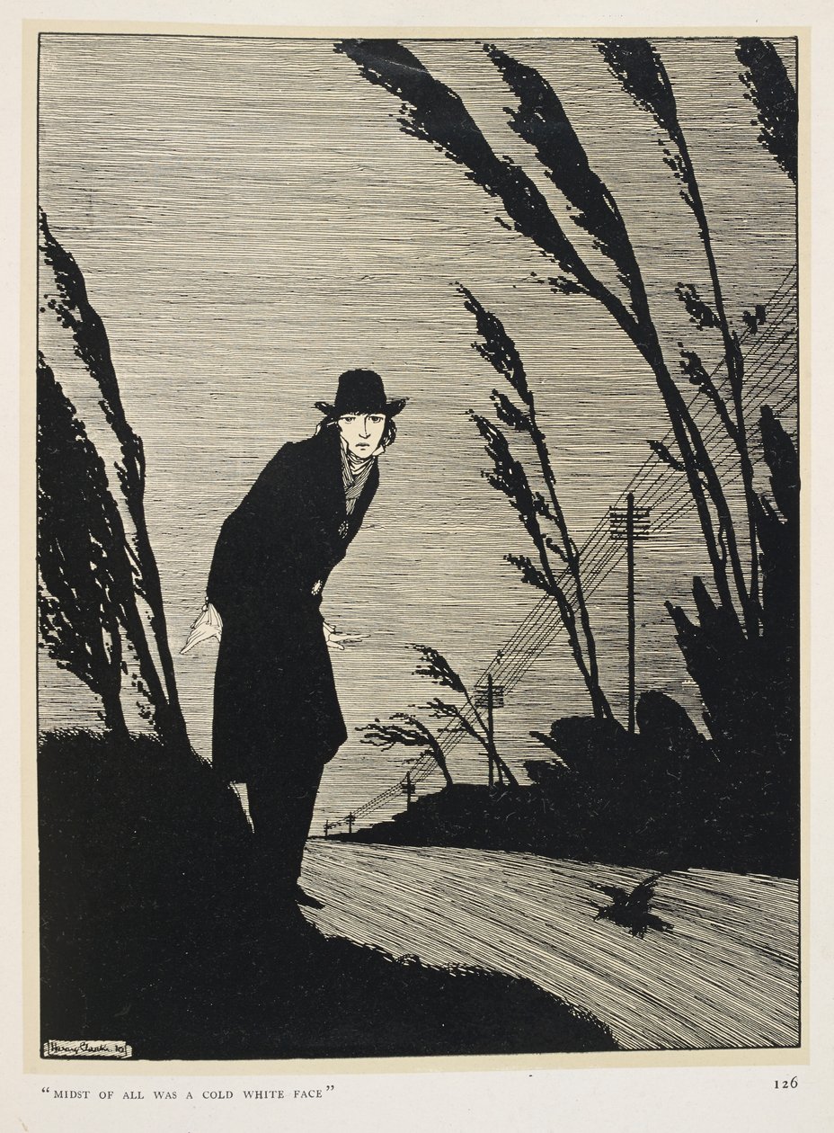 Fekete és fehér. „Minden közepette egy hideg fehér arc volt.” Feketébe öltözött férfi; távíróoszlopok sora. alkotó: Harry Clarke