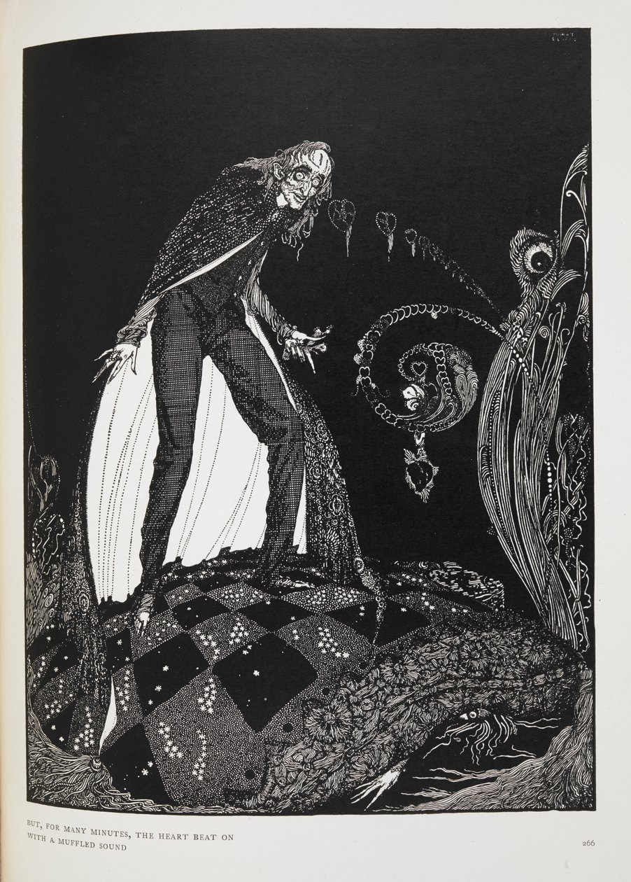 De a szív sok percig tompa hanggal dobogott. Illusztráció a novellához, „az árulkodó szív”. A narrátor megfojtja az öreget a saját ágyában. alkotó: Harry Clarke