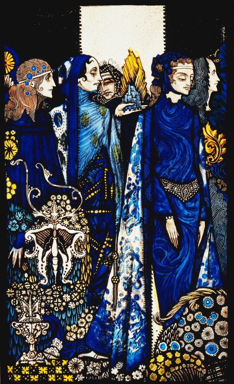 Etain, Helen, Maeve és Fand, Golden Deirdre gyengéd keze. "Queens", kilenc üvegtábla savazva, foltos és festett, J. M. Synge költeményét illusztrálva, 1917 alkotó: Harry Clarke