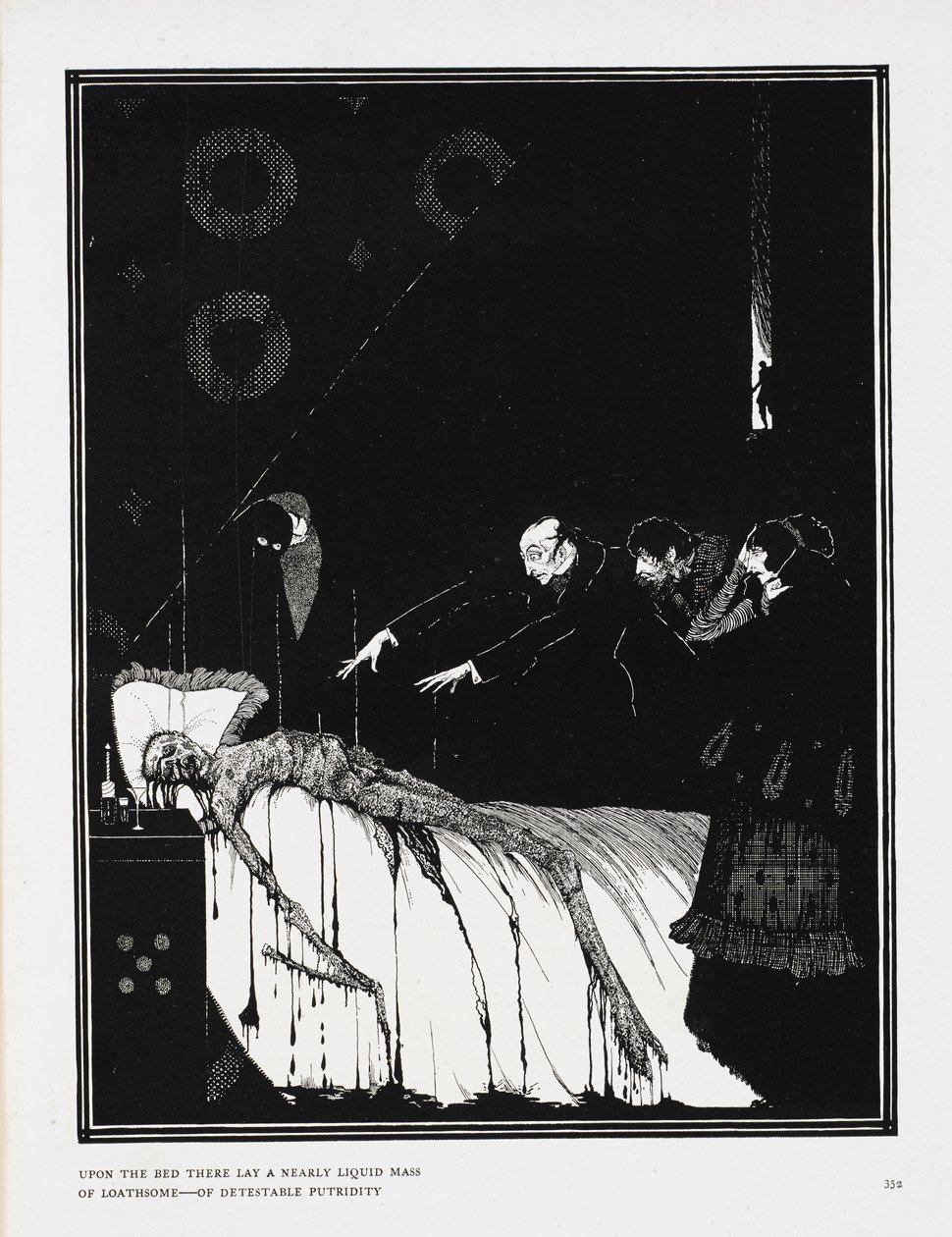 Az ágyból szinte folyékony, utálatos – utálatos rothadású tömeg feküdt. Illusztráció a történethez, „tények M. Valdemar esetében”. alkotó: Harry Clarke