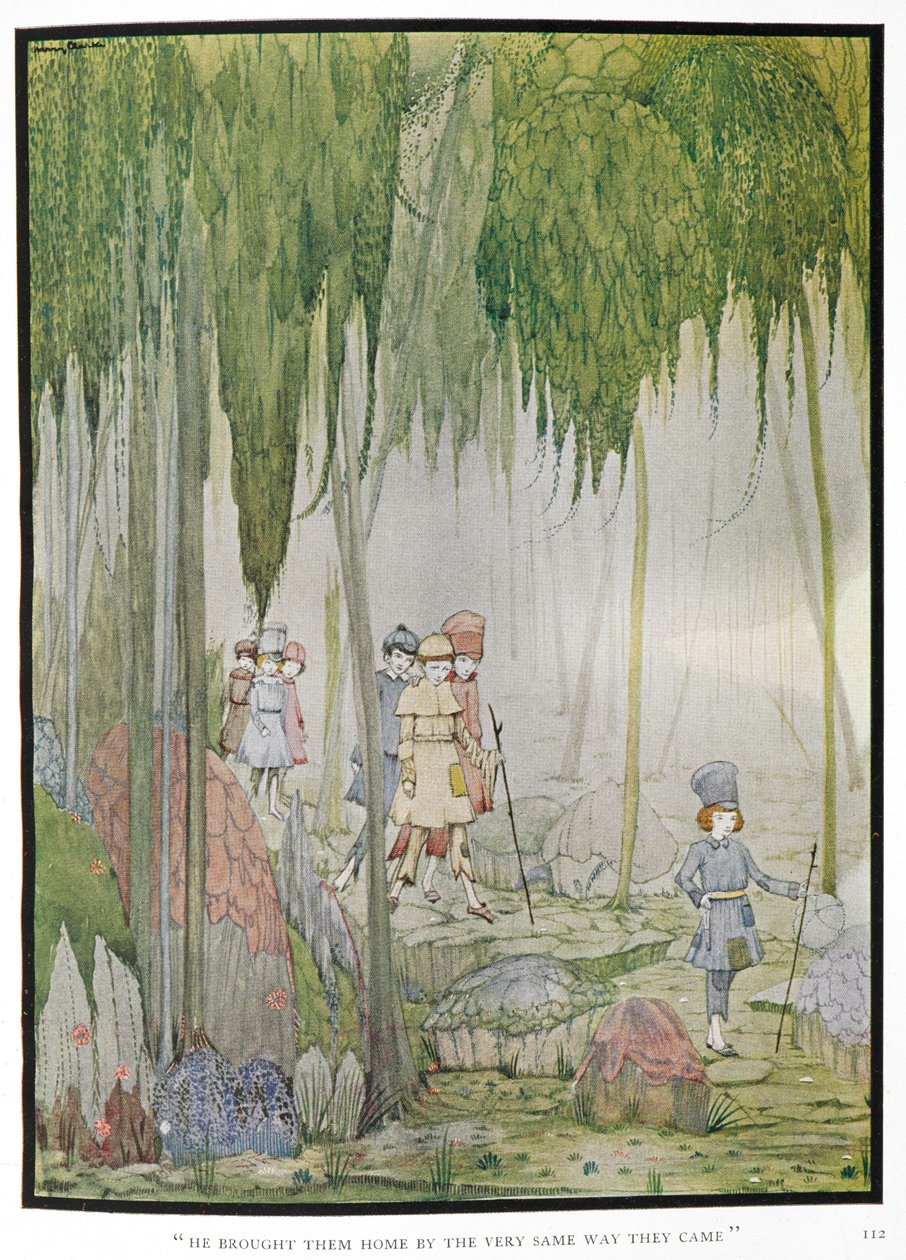 – Ugyanolyan úton hozta haza őket, ahogyan jöttek. Illusztráció a történethez, "kis hüvelykujj". Gyerekek az erdőben. alkotó: Harry Clarke