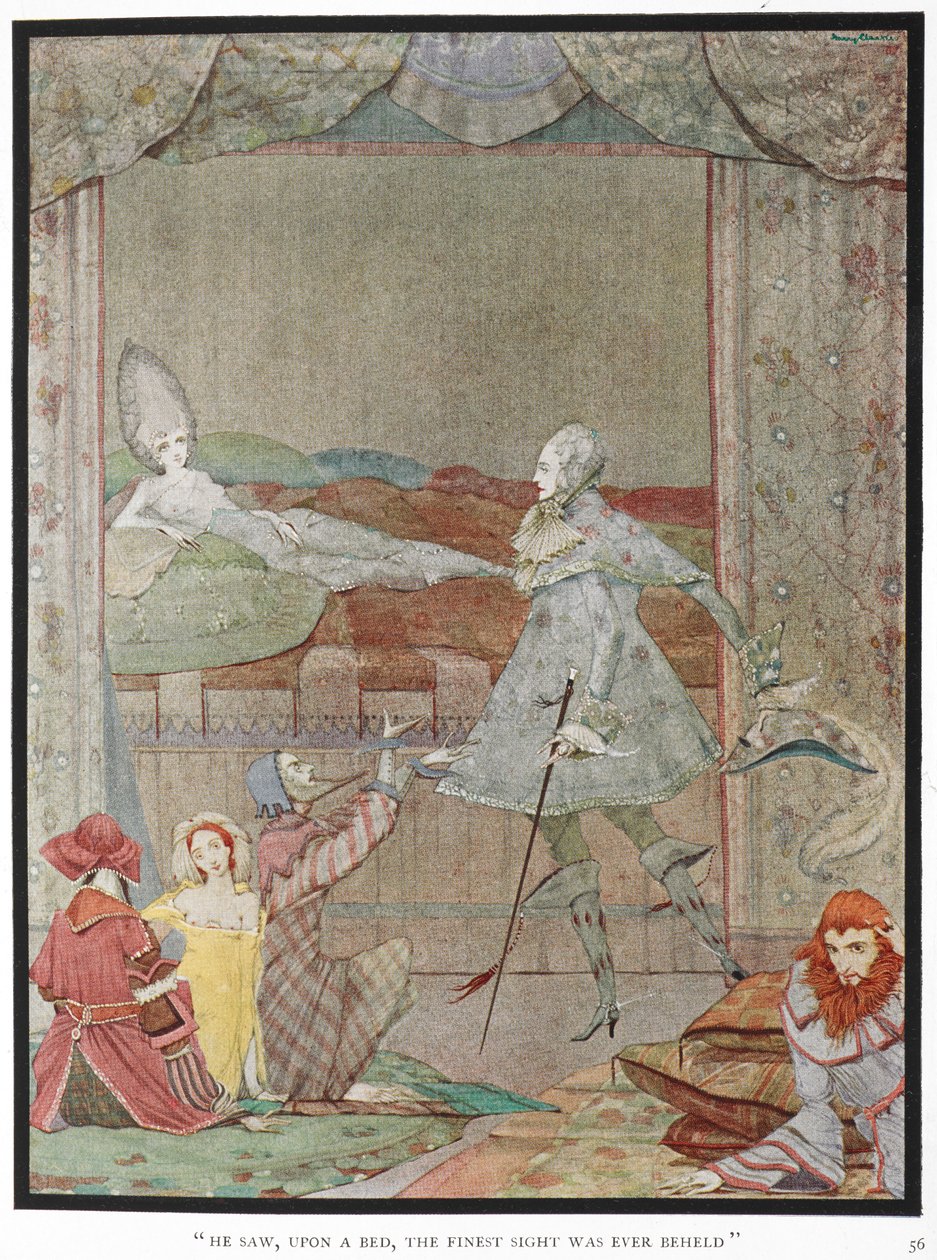 – Egy ágyon a valaha volt legszebb látványt látta. A herceg látja a hercegnőt, "Csipkerózsikát" az ágyán. alkotó: Harry Clarke