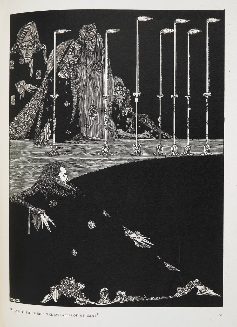 „Láttam, ahogy megalkotják a nevem szótagjait.” Illusztráció a történethez, „a gödör és az inga”. alkotó: Harry Clarke