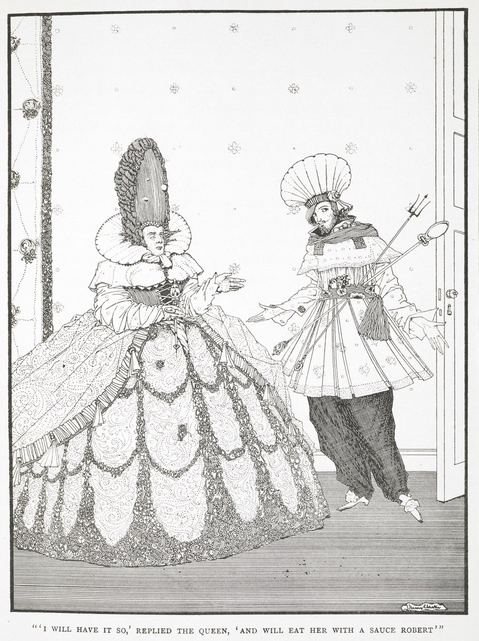 - Megteszem - felelte a királyné -, és megeszem egy Robert szósszal. Illusztráció a történethez, "Az alvó szépség az erdőben". alkotó: Harry Clarke