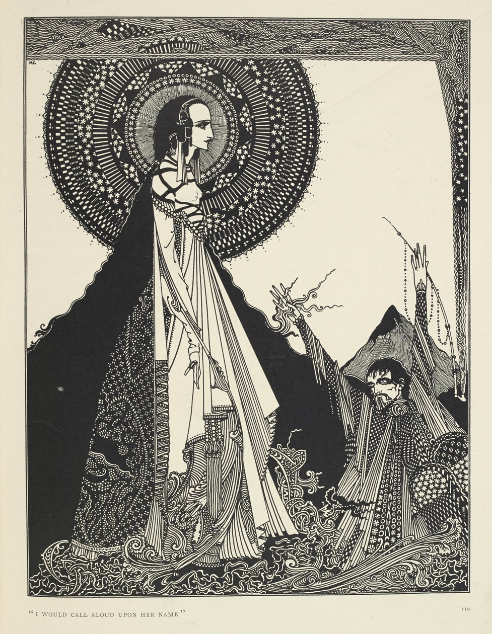 – Hangosan kiáltoznám a nevét. Illusztráció: Ligeia, egy novella. A "Ligeia" Edgar Allan Poe novellája. A történet egy névtelen narrátort és feleségét, Ligeiát, egy gyönyörű és intelligens hollóhajú nőt követi nyomon. Megbetegszik, komponálja a „Th alkotó: Harry Clarke