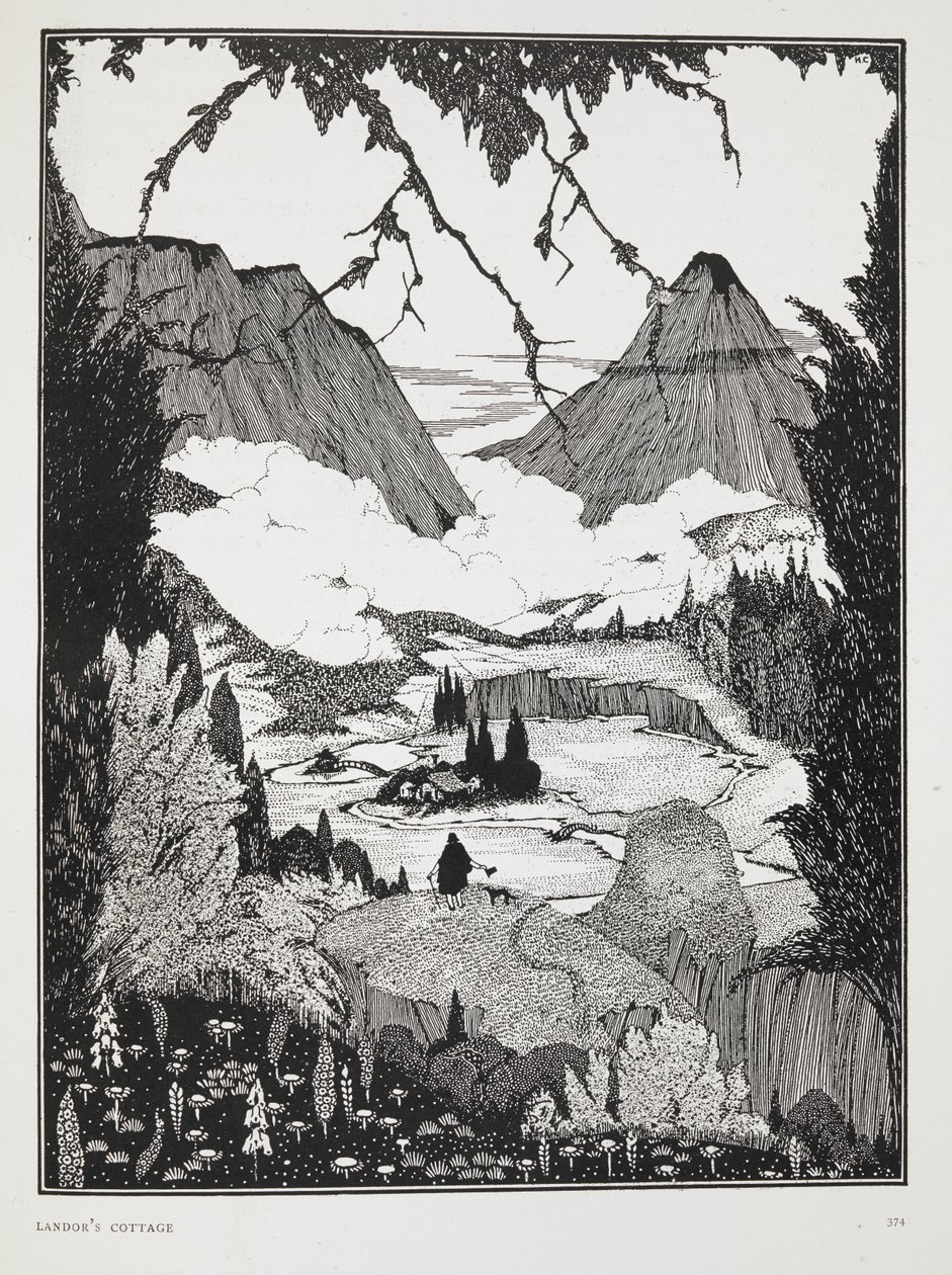 Illusztráció a "Landor házikója" című történethez. Hegyvidéki táj. alkotó: Harry Clarke