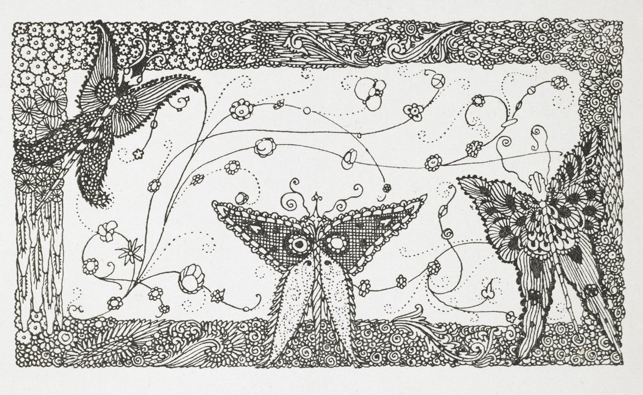 Illusztráció a „The Master Cat or Puss in Boots” című történethez. Pillangó dizájn. alkotó: Harry Clarke