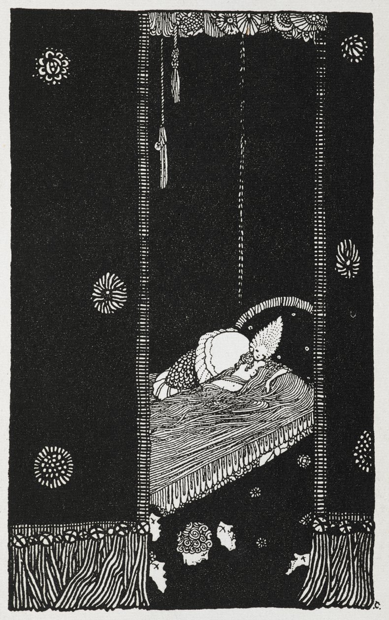 Illusztráció a történethez, "Az alvó szépség az erdőben". Csipkerózsika az ágyán. alkotó: Harry Clarke