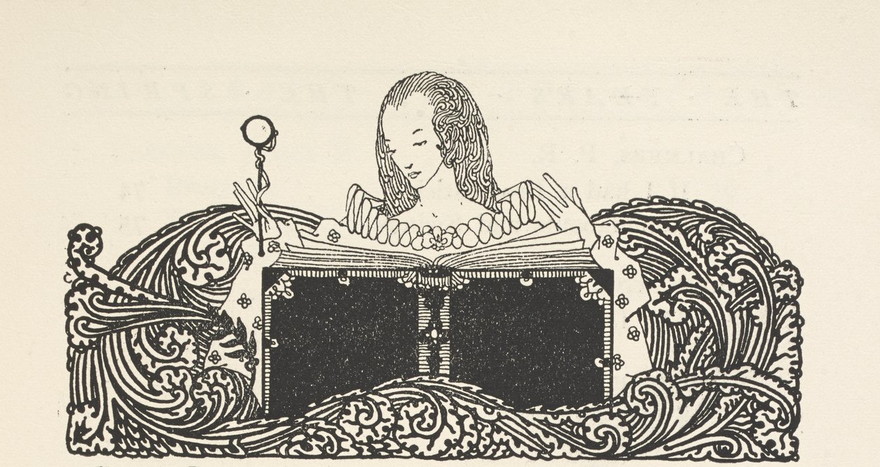 Illusztráció, amely egy könyvet olvasó nőt mutat a tartalomoldal tetején. alkotó: Harry Clarke