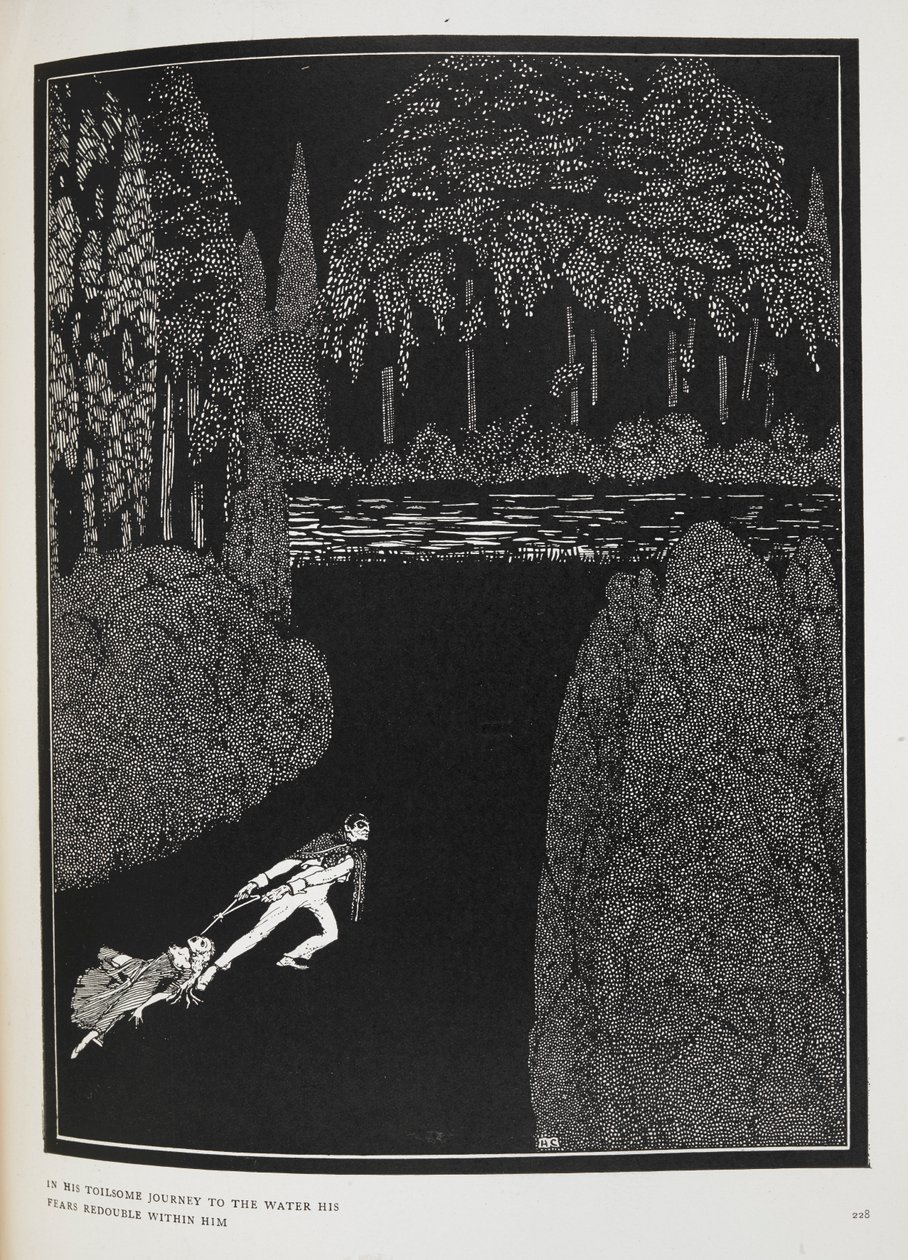 A vízhez vezető fáradságos útja során félelmei megkétszereződnek vele. Illusztráció a „Marie Roget rejtélye” című történethez. alkotó: Harry Clarke