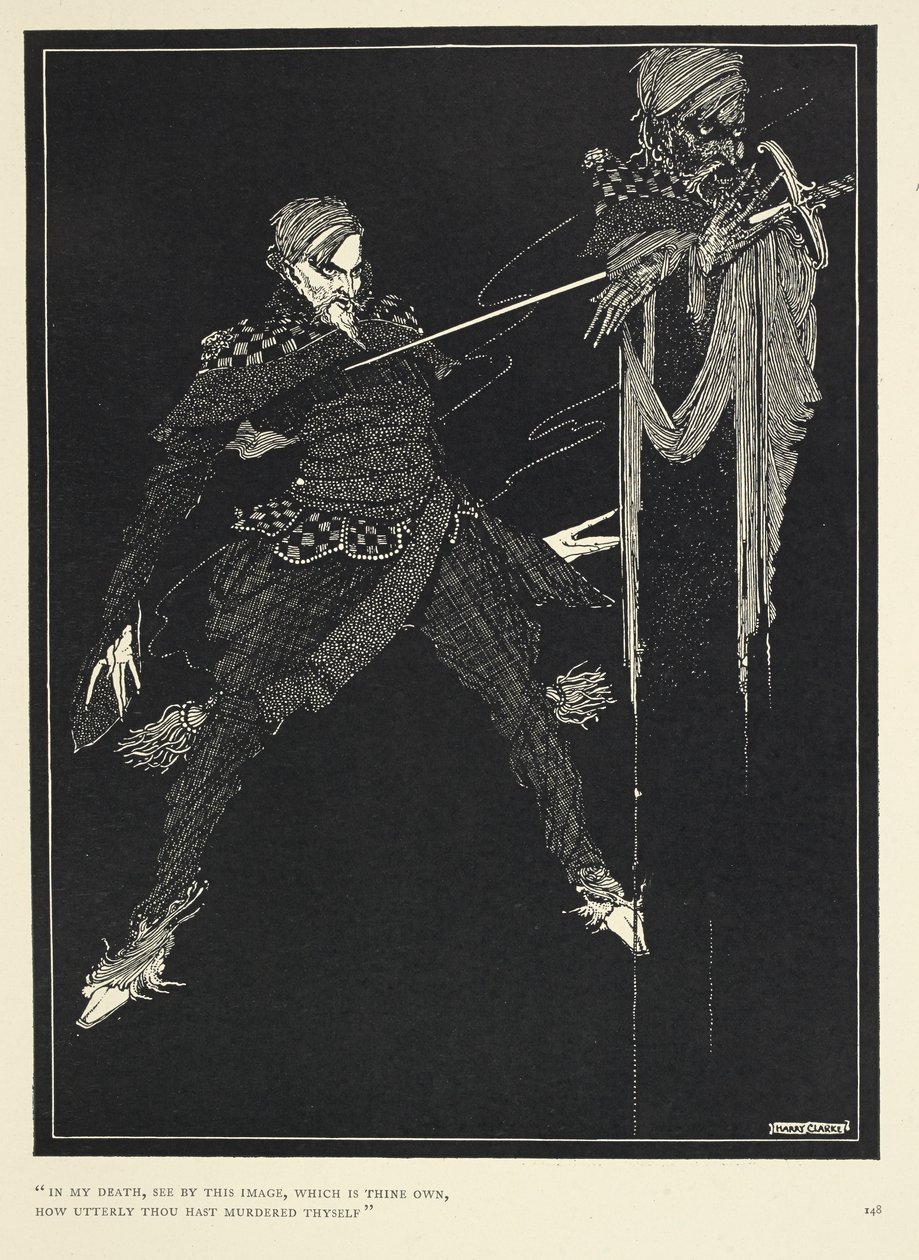 „Halálomban lásd meg ezen a képen, amely a tiéd, hogyan gyilkolta meg magát végképp ezren.” A narrátor kettőse, „William Wilson”, Az ajándék (1839). alkotó: Harry Clarke