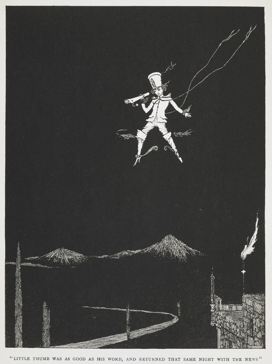 "Little thumb was as good as his word, and returned that same night with the news." A messenger flying through the night sky. Illustration for the story, "little thumb." alkotó: Harry Clarke