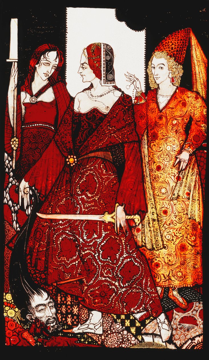 Királynők, akik megvágták Glanna disznóit...". "Királynők", kilenc üvegtábla savazva, foltosan és festve, J. M. Synge költeményét illusztrálva, 1917 alkotó: Harry Clarke