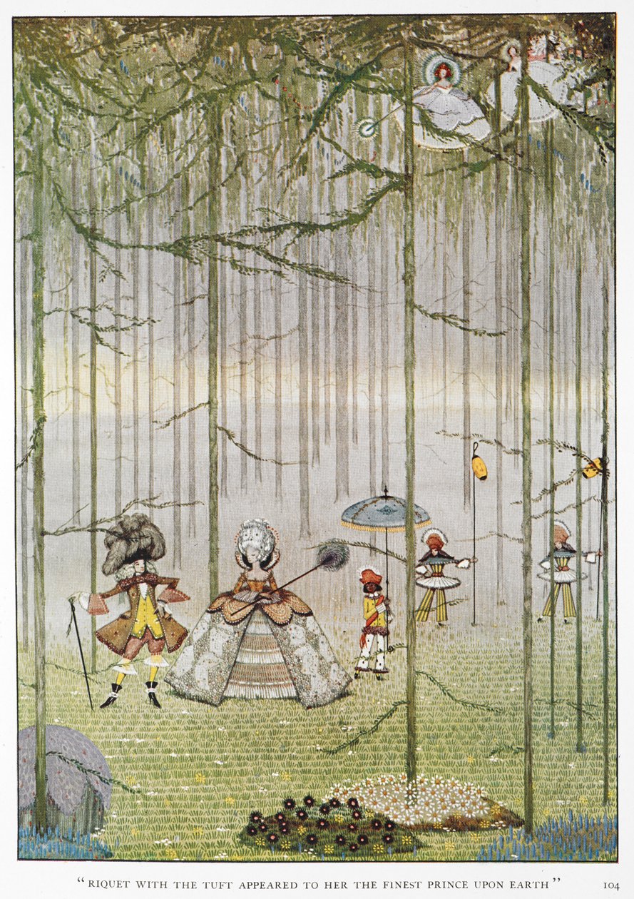 "Riquet a tincsével a Föld legkiválóbb hercegének tűnt." Illusztráció a történethez: "Riquet with the tint". Egy hercegnő egy fában találkozik Riquet herceggel a tincsével. alkotó: Harry Clarke