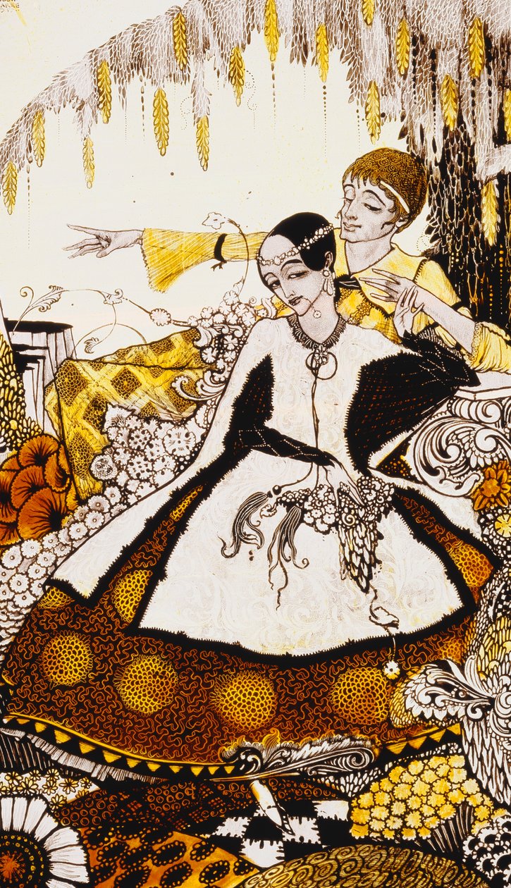 Hét kutyanapot engedtünk el, elneveztük a Queens in Glenmacnass-t. "Queens", kilenc üvegtábla savanyított, foltos és festett, J. M. Synge költeményét illusztrálva, 1917 alkotó: Harry Clarke