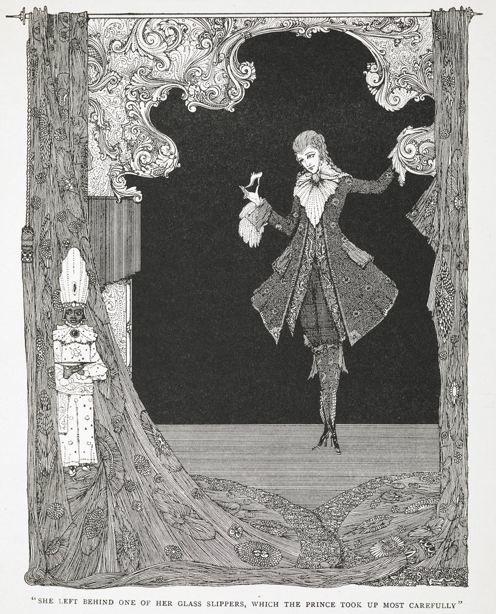 "Meghagyta az egyik üvegpapucsát, amelyet a herceg a leggondosabban vett fel." Illusztráció a történethez: Hamupipőke vagy A kis üvegpapucs. alkotó: Harry Clarke