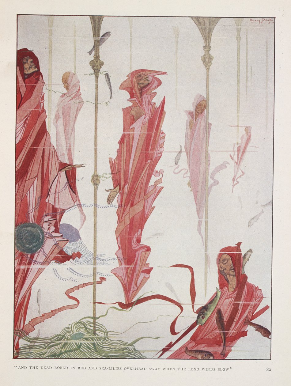 A haldokló hazafi. "És a halottak vörösbe öltöztek és tengeri liliomba öltöztek a fejük felett   ringatózik, ha hosszú szelek fújnak" alkotó: Harry Clarke
