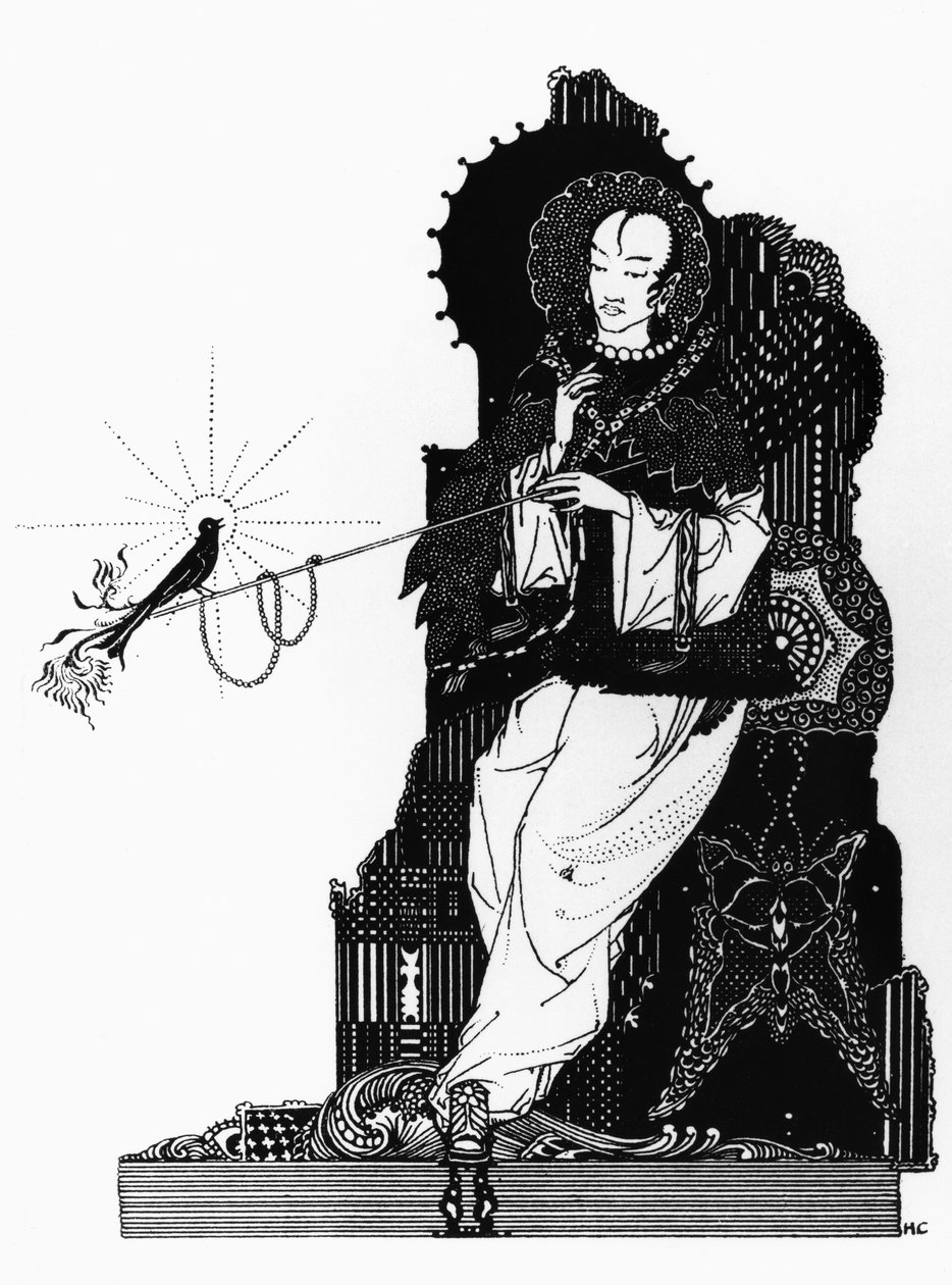 A császár és a csalogány, Hans Christian Andersen (1805-75) 1914 előtt Londonban megjelent „The Nightingale” című könyvének illusztrációja a Tündérmesékből alkotó: Harry Clarke